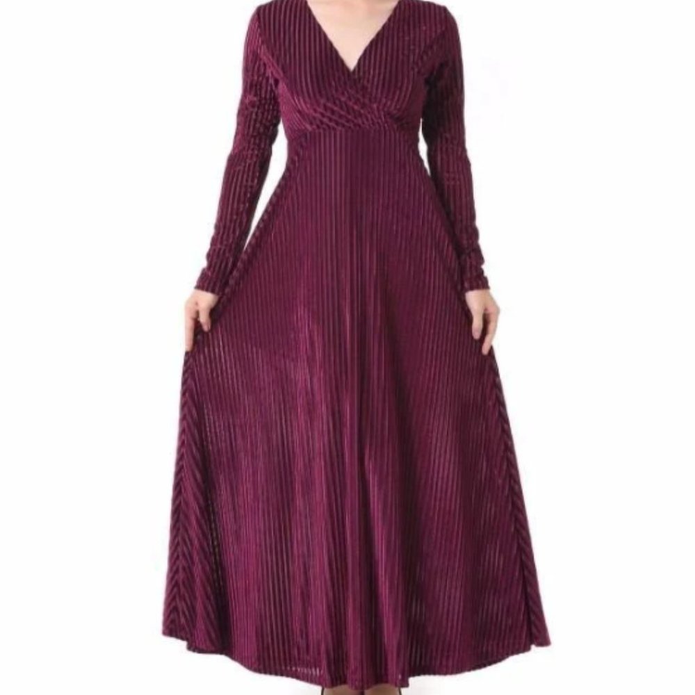 BKMGC Velvet Stripe Texture Long Sleeve Dress S